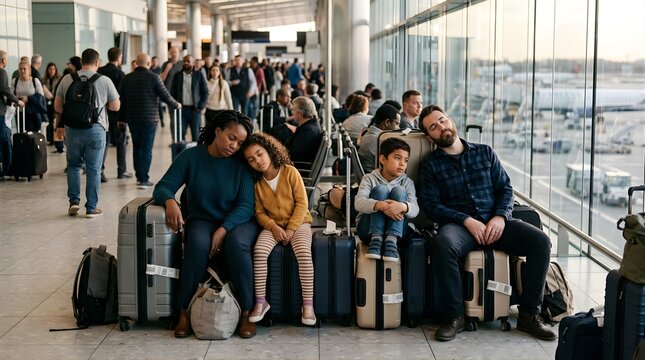 Exhausted family sitting on suitcases in a busy airport departure lounge