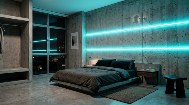 Modern bedroom interior with concrete walls and neon blue lighting