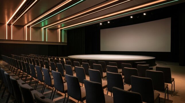 Modern lecture hall with curved screen and dark auditorium seating for corporate meetings.