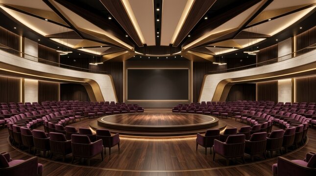 Grand theater auditorium with wooden stage and tiered balcony seating for performances.