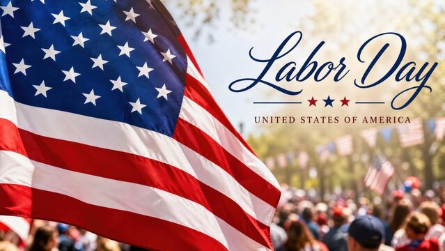 American flag waving at labor day parade with crowd background