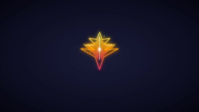 A stylized, glowing, geometric starburst emblem with a gradient of orange, yellow, and pink against a dark blue background.