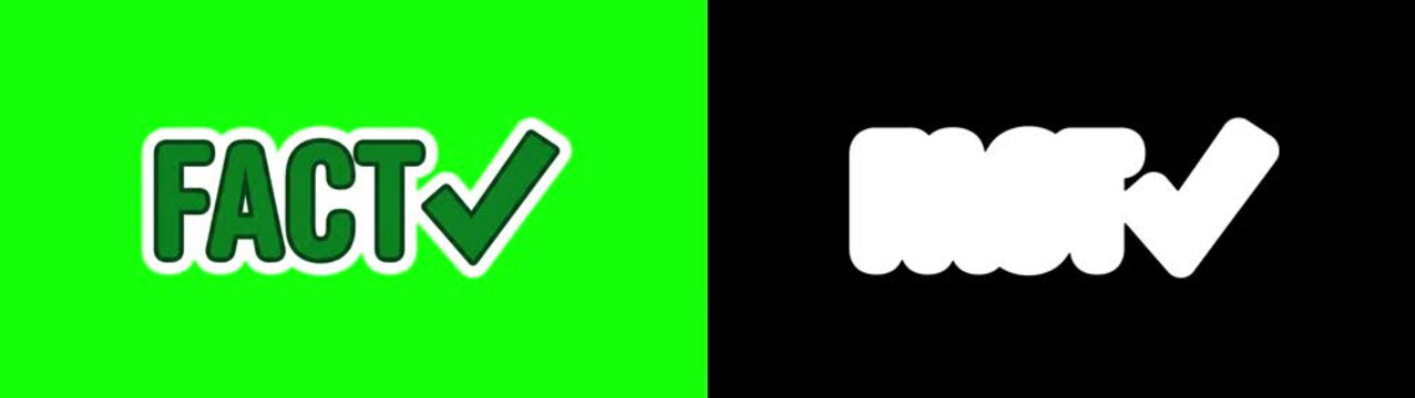 Fact check sticker pack collage, myth vs fact badges, stop motion animation on green screen