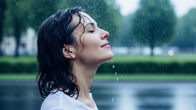 Woman Enjoying Rain with Eyes Closed in Nature Park Profile