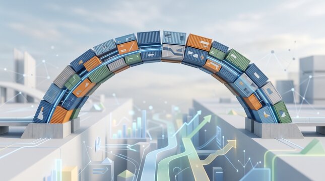 Global logistics network connecting cities with shipping containers forming an arch over digital data streams and growth charts