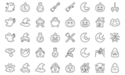 Fototapeta premium Halloween themed icon set with pumpkins, ghosts, witches hats, and candy corn on transparent background