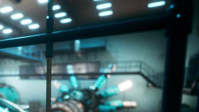 People work on a large complex machine inside an industrial building. Bright lights illuminate the space as workers carry tools and check equipment.