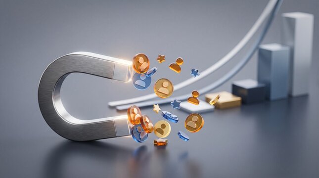 Horseshoe magnet attracting customer icons and stars symbolizing business growth and customer acquisition strategy