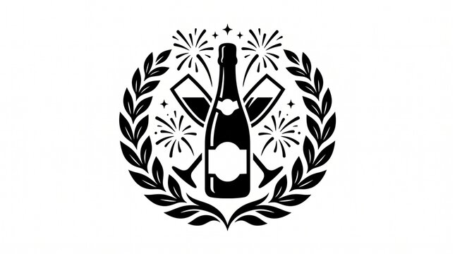 Champagne bottle and glasses with fireworks and laurel wreath