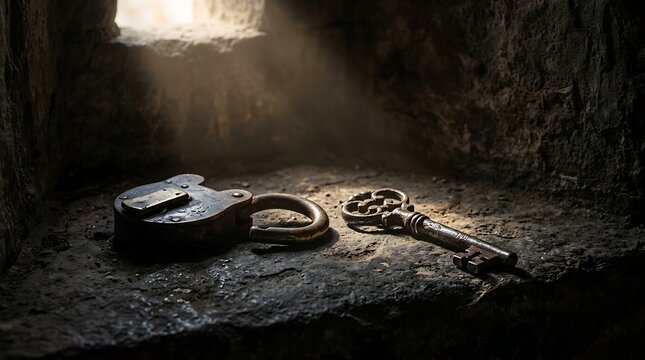 Antique padlock and vintage key resting on a stone ledge in soft light