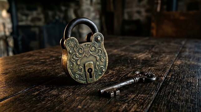Antique ornate brass padlock and iron skeleton key on rustic wooden table