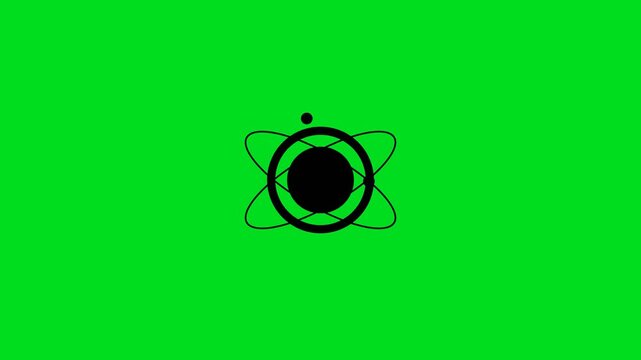 Minimalist black atom icon centered on a bright solid chroma green background