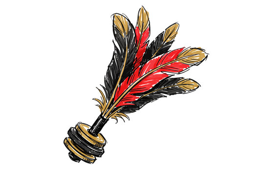 Chinese feather shuttlecock, also known as Jianzi, with red and black feathers and a gold base, hand-drawn doodle illustration, traditional Chinese sport.