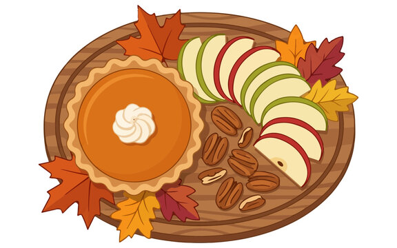 Delicious pumpkin pie with sliced apples and pecans on wooden board. Autumn seasonal food illustration. Thanksgiving harvest dessert concept for bakery. isolated on White Background thanksgiving