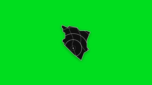 Black silhouette map of kenya with white radar circular scan lines overlay