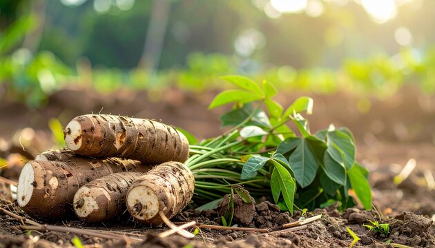 Freshly harvested taro roots with green leaves in soil.
