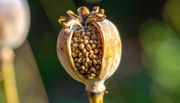 Close up of opium poppy seed pod with intricate details.