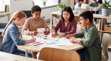 Fototapeta premium Four schoolchildren working together on a creative project at a classroom table. Teamwork, collaboration and project based learning concept.