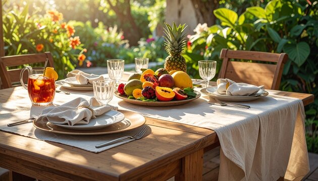 Outdoor Garden Table Set with Fresh Fruit and Drinks.