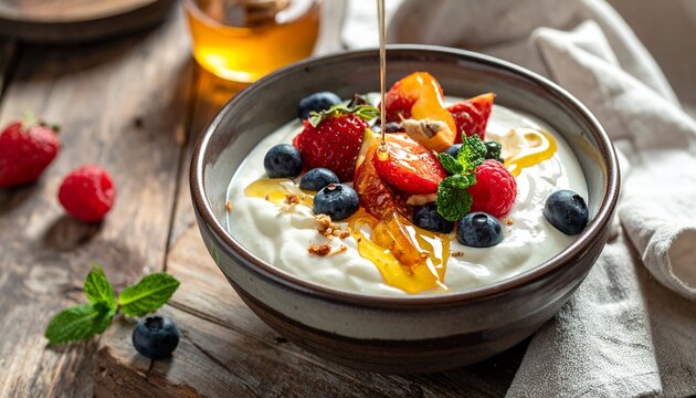 Fresh berry yogurt bowl with honey drizzle on rustic table.