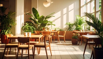 Fototapeta premium Sunlit Modern Cafe Interior with Wooden Furniture and Plants.