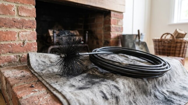 Black chimney sweep brush and coiled rod resting on a soot-covered drop cloth during fireplace cleaning and maintenance.