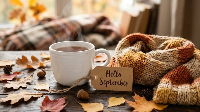 Cozy autumn morning setup with cup of hot coffee, knitted scarf, autumn leaves and tag hello