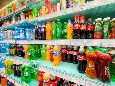 Vibrant selection of soft drinks and bottled beverages