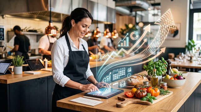 Restaurant manager uses tablet for business growth analytics with rising arrow graph and icons in kitchen setting