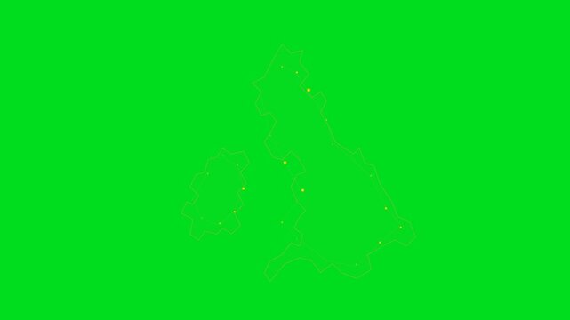 Outline map of the united kingdom with glowing yellow points on green screen