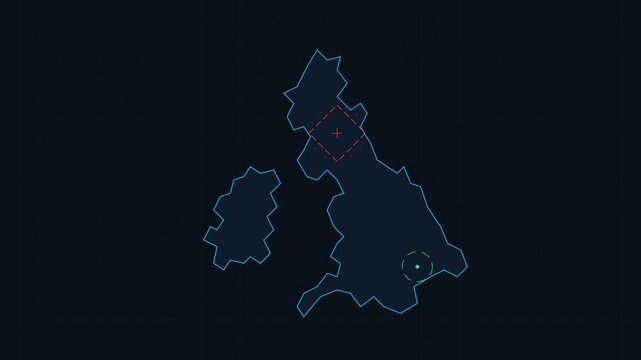 Digital outline map of the united kingdom with tactical target indicators