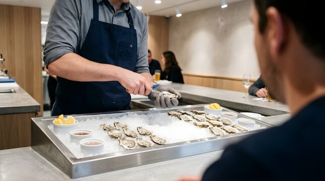 Professional chef shucking fresh oysters at a seafood restaurant counter