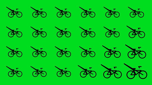 A grid of identical black bicycle silhouettes on a vibrant green background