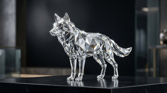 Crystal wolf figurine with faceted geometric design on display