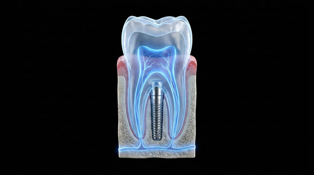 A detailed anatomical cross-section of a human tooth showcases a dental implant, highlighting its root structure and the surrounding bone and gum tissue with a vibrant blue glow.