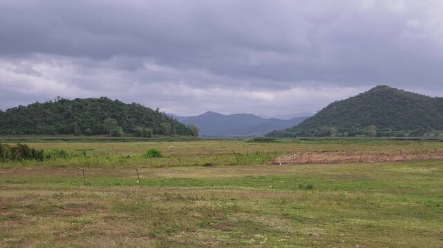Static wide view of a forested green hill and mountain ridges behind a flat grass plain with a fence under grey storm clouds