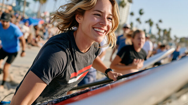 A surf instructor braces against a crowded beach promenade gripping a paddleboard, a trainee surfer beside her suddenly clutching her abdomen in sharp pain, bystanders blurring past, capturing an ec