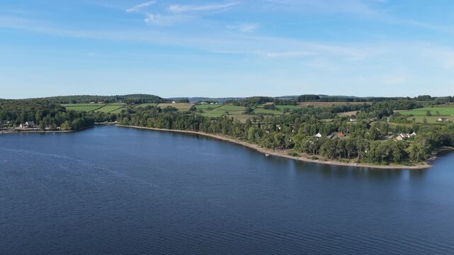 The shoreline of Lac des Settons in the Morvan region of France, aerial view.