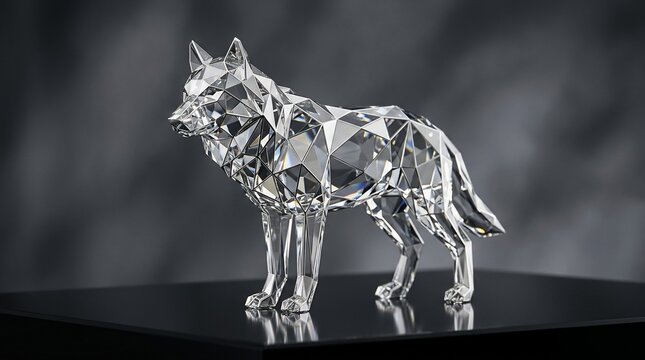 Crystal wolf sculpture reflecting light with sharp geometric facets