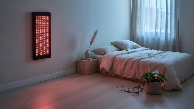 Red light therapy panel in minimalist bedroom &ndash; Perfect for sleep enhancement, evening recovery, or home health setup.