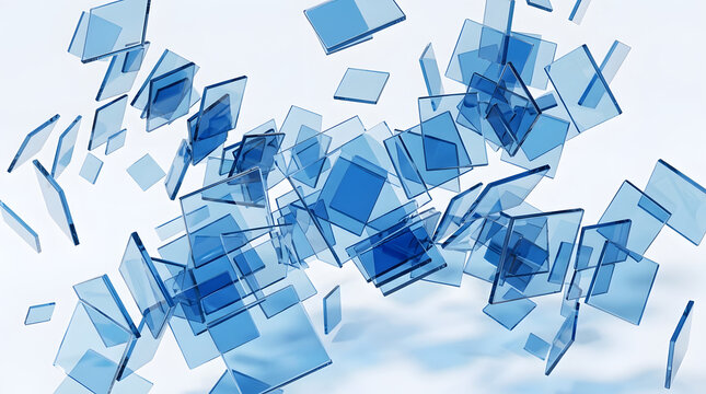 Blue Glass Squares Floating: A dynamic arrangement of translucent blue glass squares, seemingly suspended in mid-air, creates an abstract and modern visual effect.