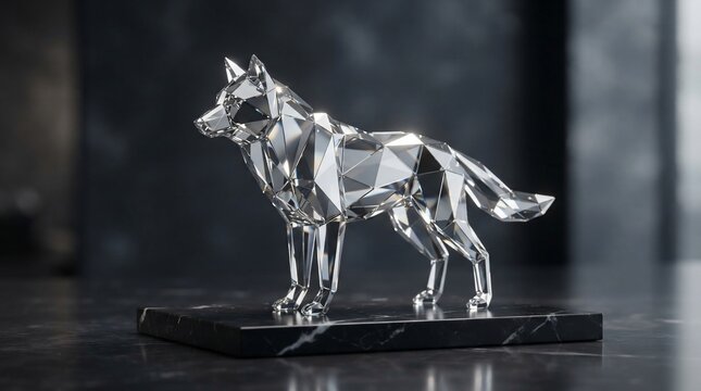 Geometric crystal wolf sculpture on marble base studio lighting