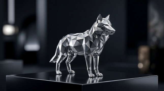 Polygonal silver wolf sculpture on display pedestal