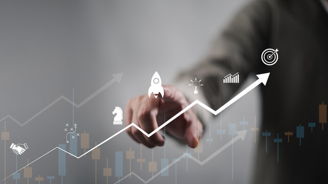 The startup business concept features a virtual touch screen, an activation icon, and an organizational growth strategy.