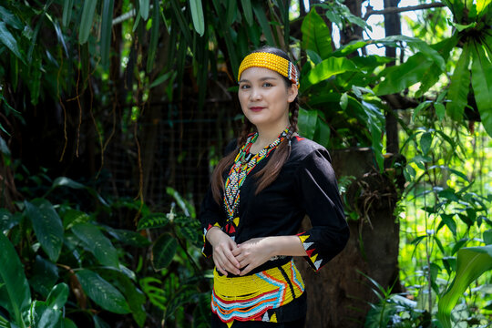 Portrait of Malaysian indigenous Dayak woman from Sarawak in Lun Bawang traditional costume