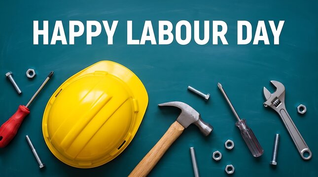 Labor Day Labor Day USA Labor Day Canada Happy Labour Day with yellow hard hat and various tools image photo