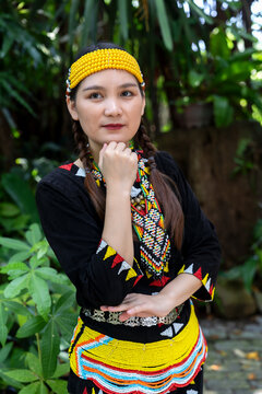 Portrait of Malaysian indigenous Dayak woman from Sarawak in Lun Bawang traditional costume