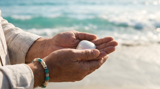 Hands gently holding a small white seashell on a sandy beach with ocean waves