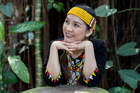 Portrait of Malaysian indigenous Dayak woman from Sarawak in Lun Bawang traditional costume