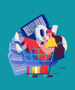 Person relaxing in a shopping cart with discount tags and percentage sign